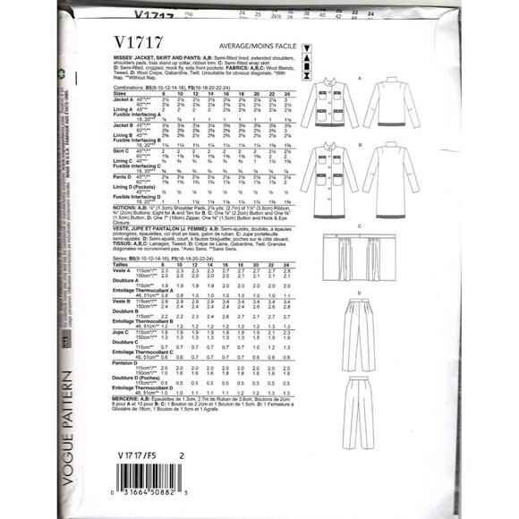 Vogue V1717 Misses 8 to 16 Jacket, Pants and Skirt Uncut Sewing Pattern - Picture 2 of 2